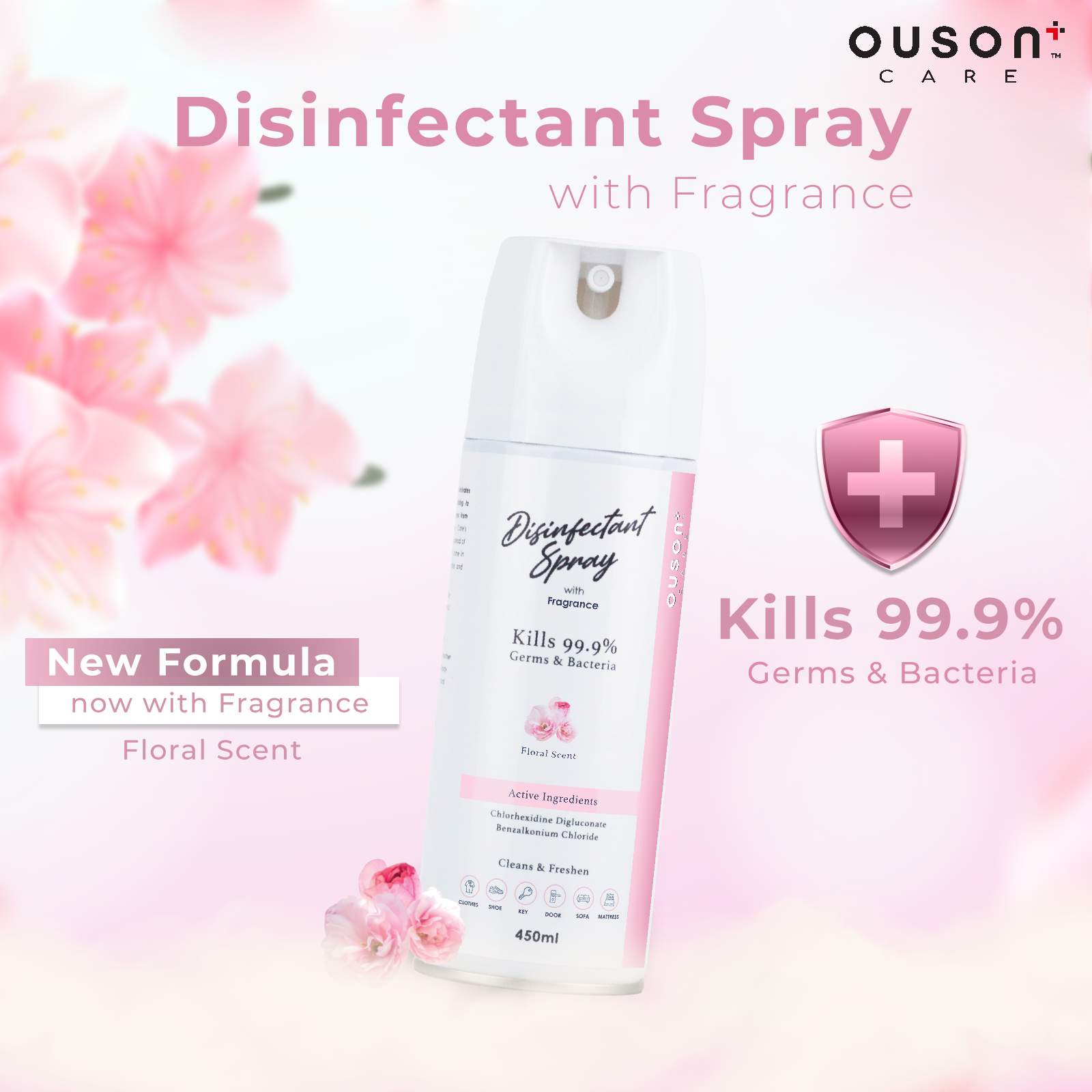 Ouson Care Disinfectant Spray with Fragrance 450ml (Pack of 3)