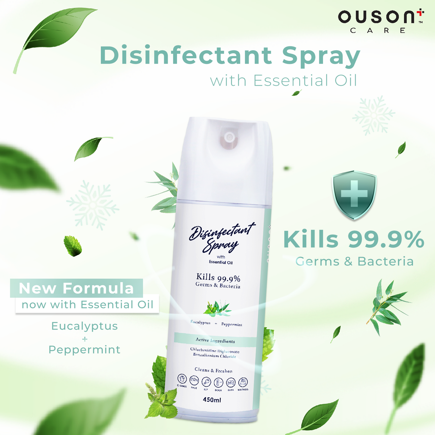 Ouson Care Disinfectant Spray with Fragrance 450ml & Disinfectant Spray with Essential Oil 450ml (Bundle)